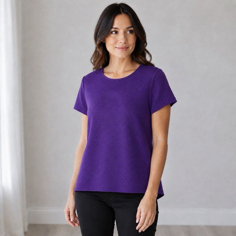 Kensie Womens M Deep Purple Textured Quilted Short Sleeve Top Back Zip NWT